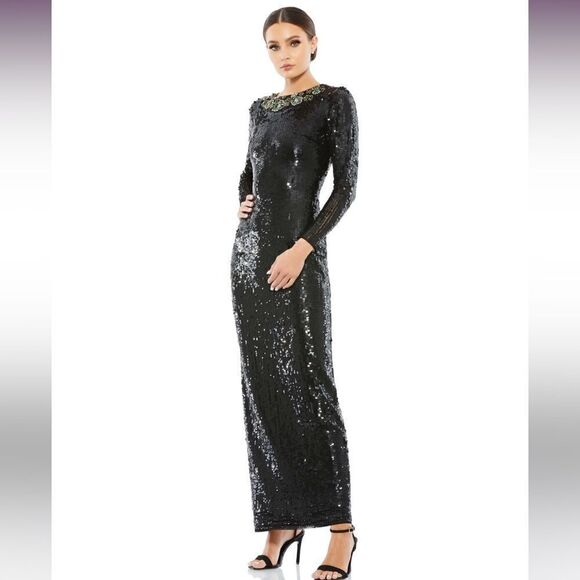 Mac Duggal  Beaded Neckline Sequins Black 
Long Sleeve Dress.Size 6 - Picture 3 of 16